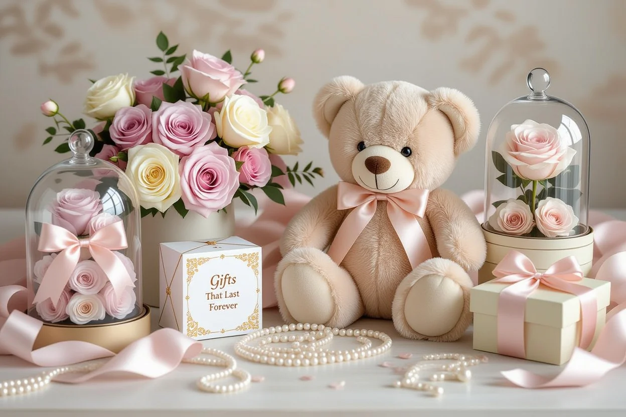 Forever lasting romantic gifts flat lay with teddy bear and preserved flowers