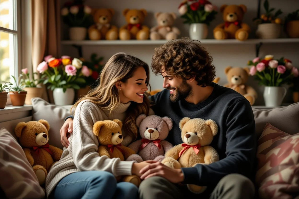 Couple enjoying romantic moment with collection of teddy bears and lasting gifts