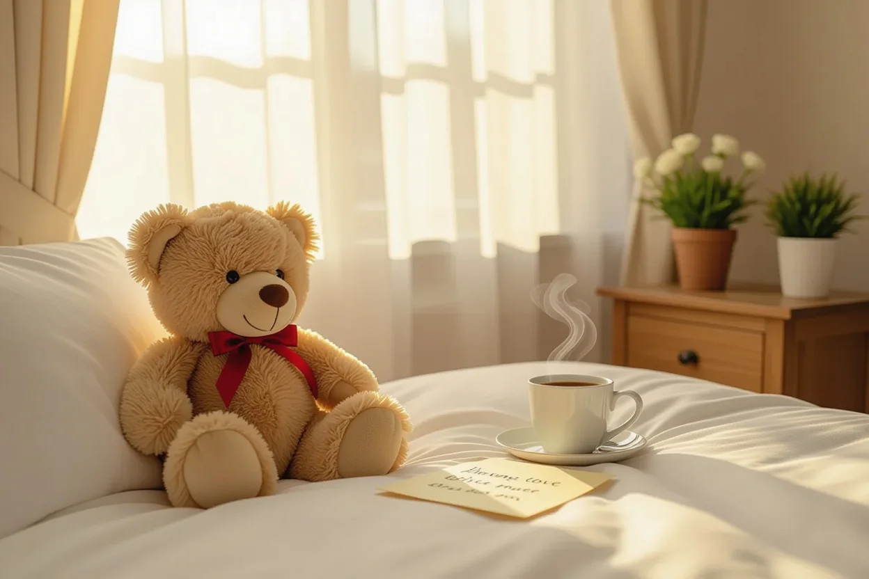 Romantic teddy bear gift on bed with morning coffee and love note representing lasting daily comfort
