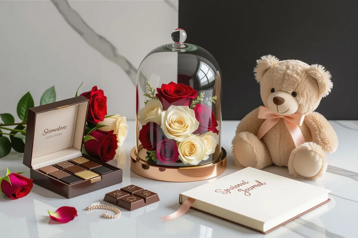 Comparison of fleeting versus lasting romantic gifts including teddy bear and preserved flowers