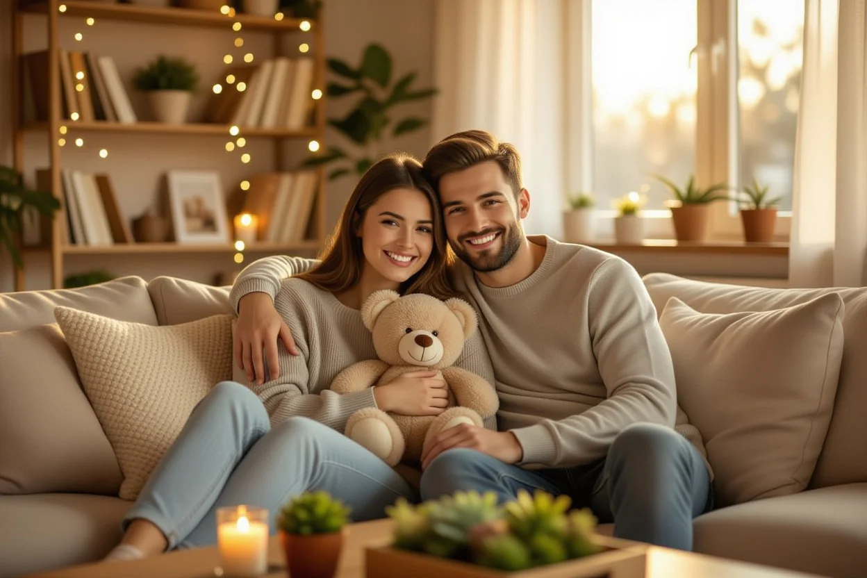 Couple enjoying lasting romantic gifts including teddy bear in cozy home setting