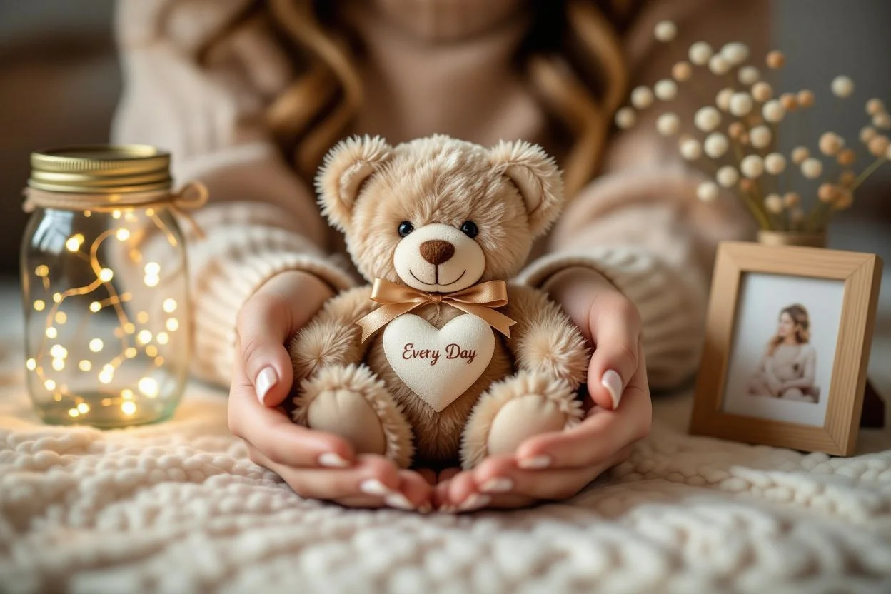 Close-up of hands holding romantic teddy bear gift with 