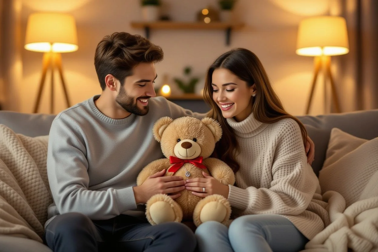 Couple sharing romantic moment with surprise teddy bear gift containing hidden necklace