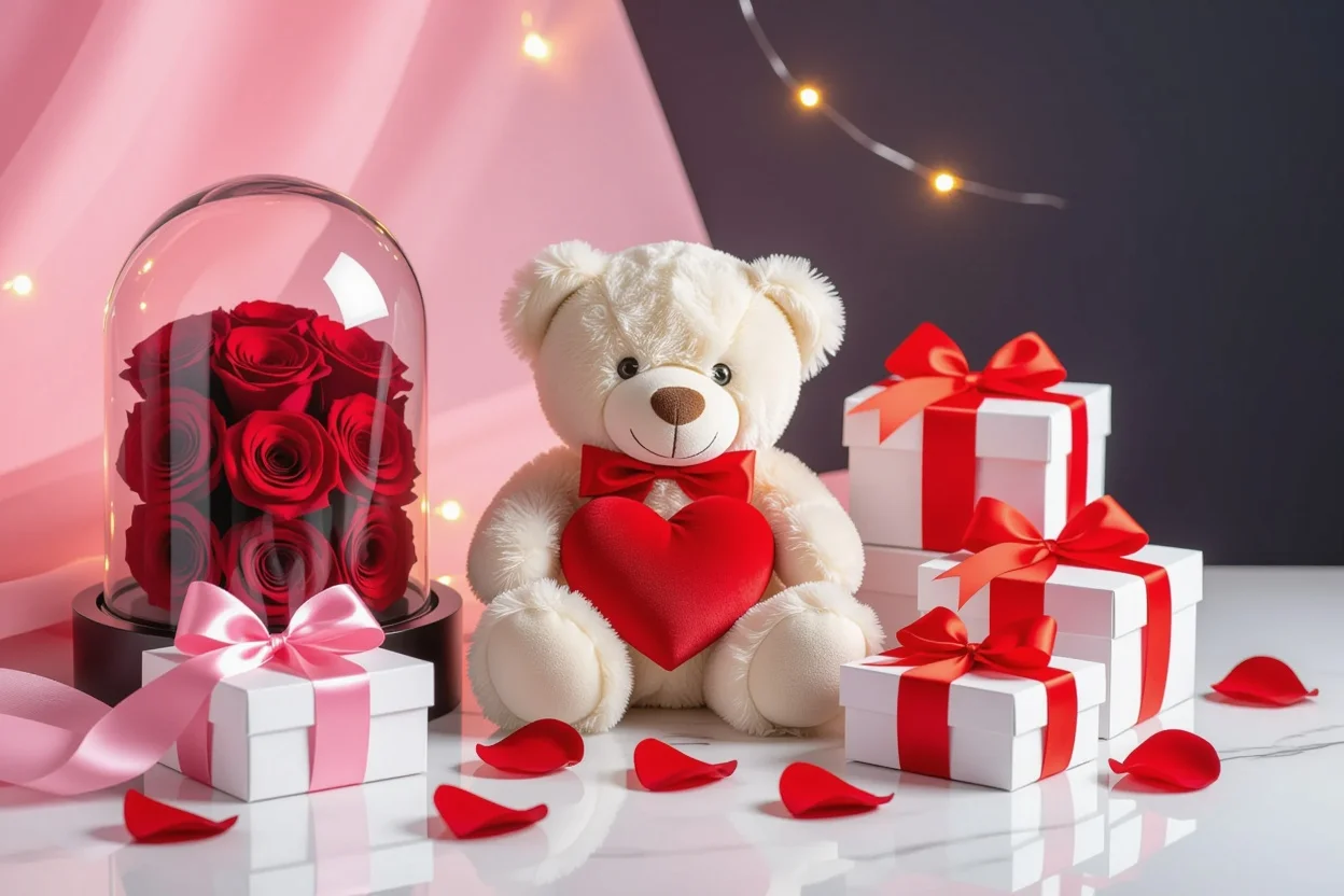 Elegant Valentine's Day romantic gifts collection with teddy bear and preserved roses