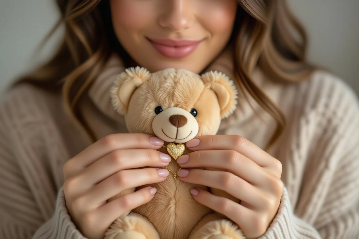 Woman discovering hidden heart necklace surprise inside romantic teddy bear gift