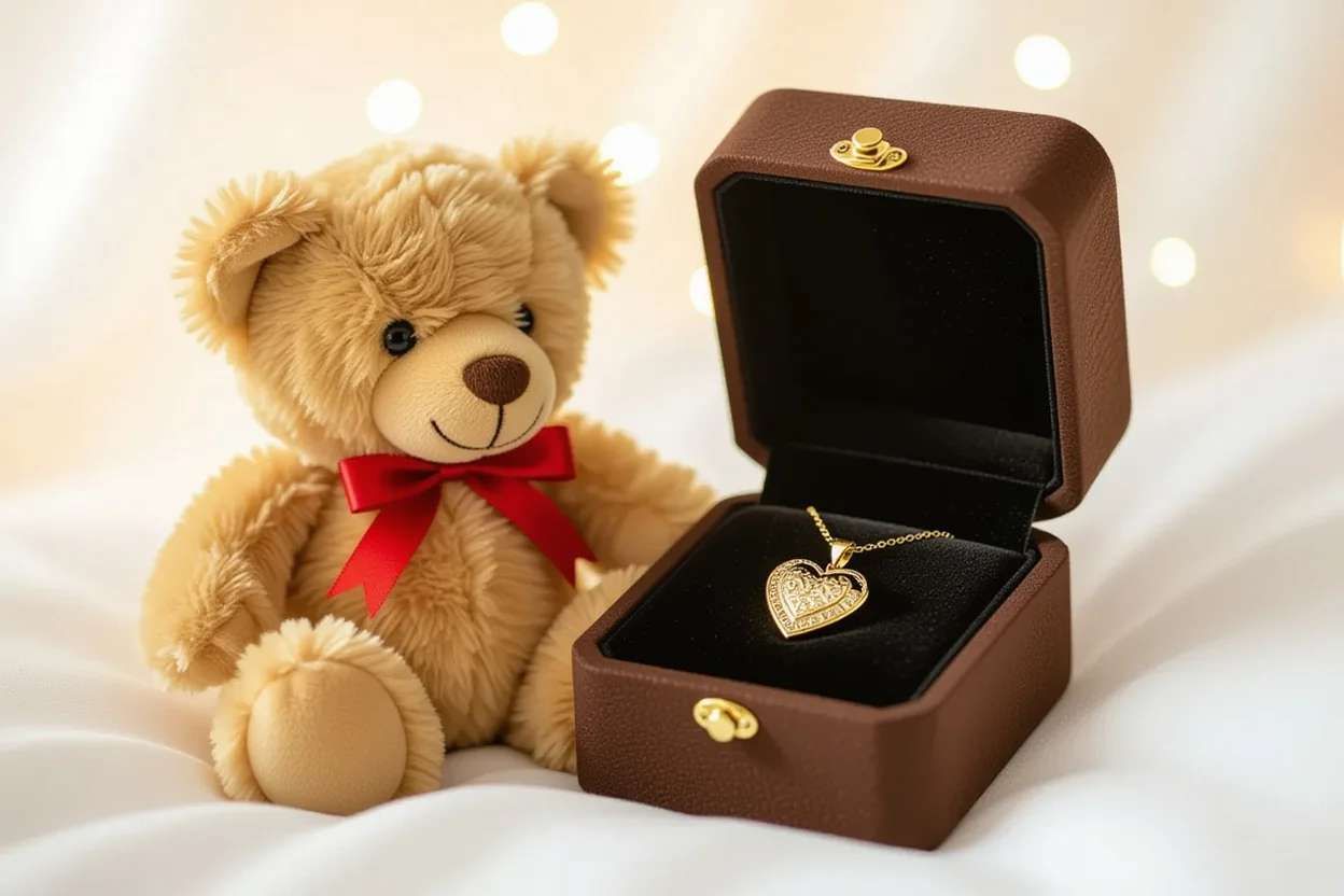 Teddy bear with hidden necklace compartment revealed showing gold heart pendant - romantic surprise gift for her