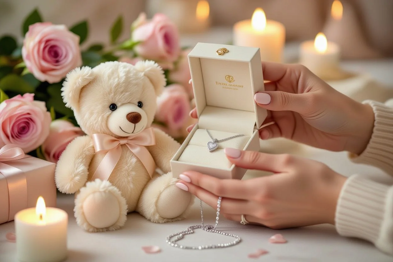 Woman discovering hidden necklace gift inside teddy bear - romantic Valentine's Day surprise moment