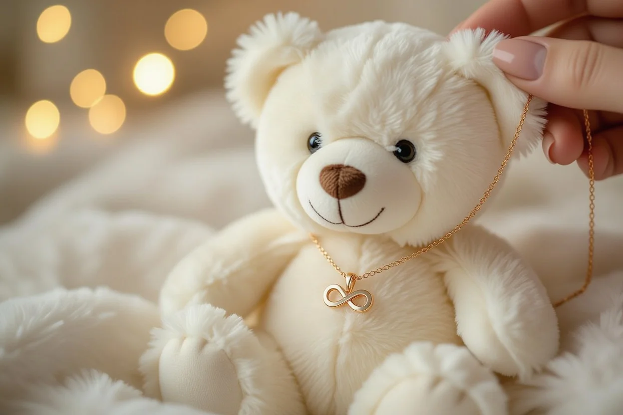 Close-up of rose gold infinity necklace being revealed from teddy bear gift compartment - romantic jewelry surprise