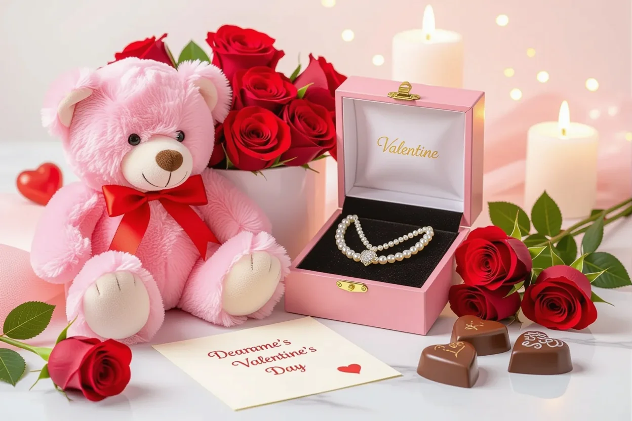 Valentine's Day teddy bear and pearl necklace gift set with roses and chocolates - romantic gifts for her