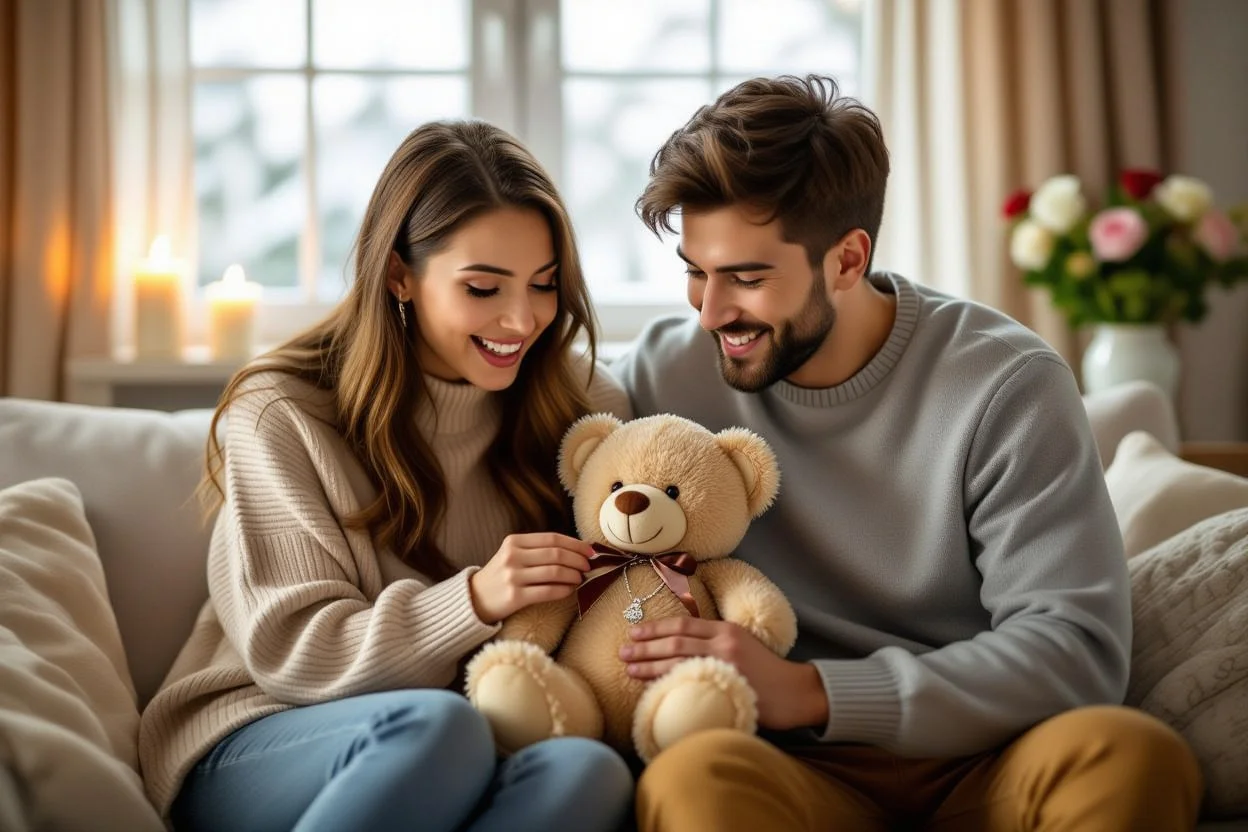 Couple sharing romantic surprise gift moment with teddy bear necklace