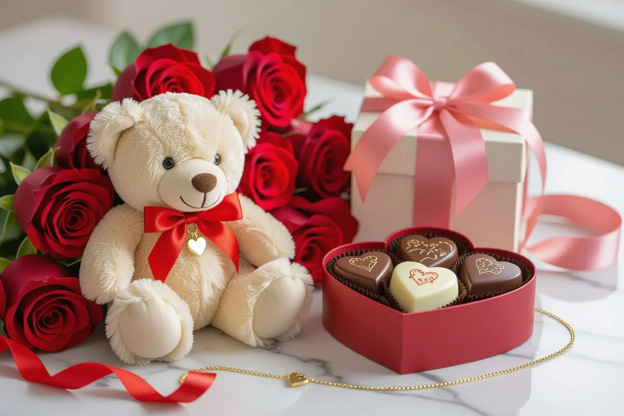 Valentine's Day romantic gift set with teddy bear and hidden jewelry surprise
