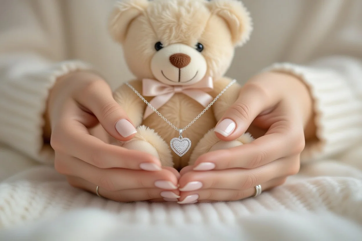 Close-up of hidden necklace surprise from romantic teddy bear gift
