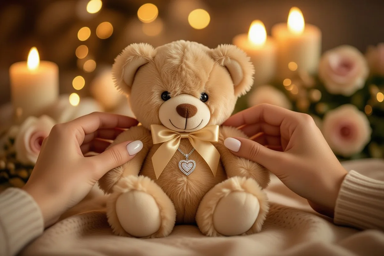 Woman discovering hidden necklace inside teddy bear romantic surprise gift moment