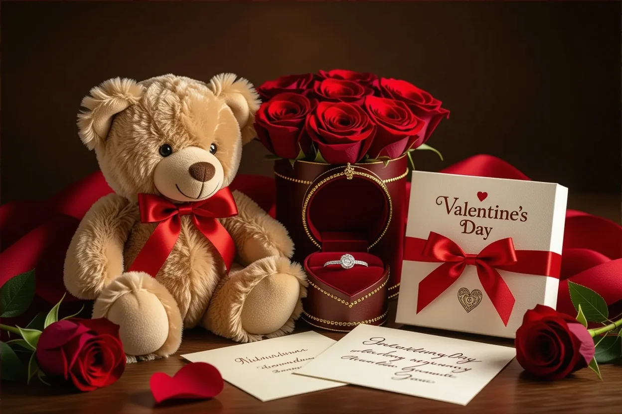 Elegant Valentine's Day gifts display with teddy bear and lasting romantic presents
