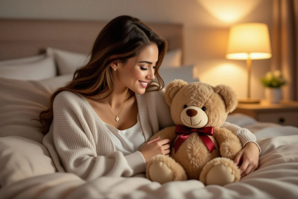 Couple in romantic setting with teddy bear gift representing lasting love and commitment