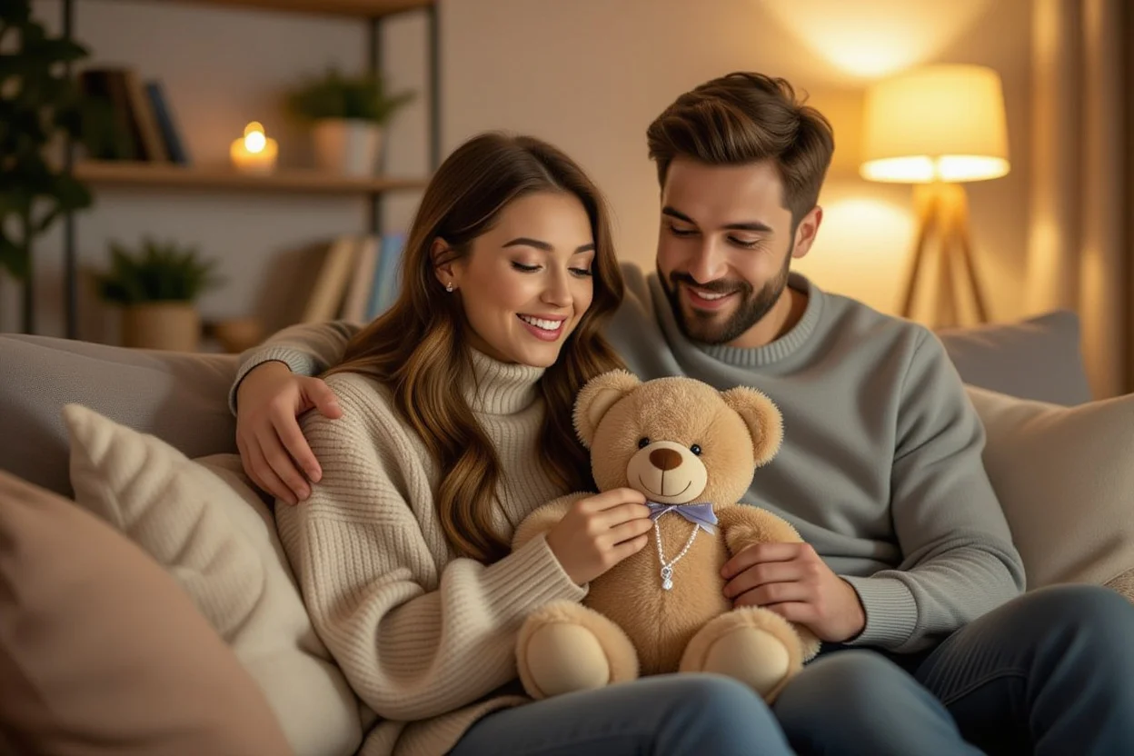 Couple sharing surprise moment with teddy bear gift - everyday love and relationship goals