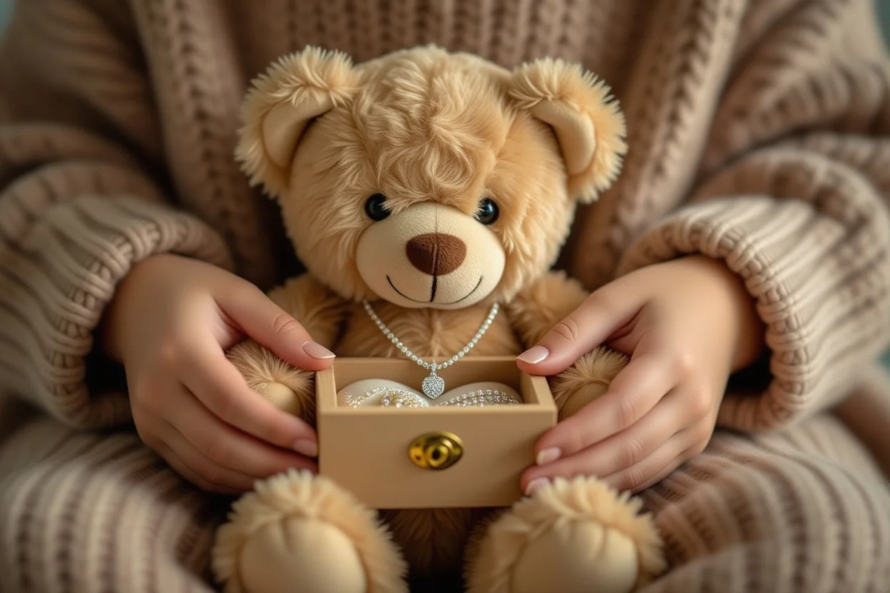 Hidden necklace compartment in teddy bear - unique surprise gift idea for anniversaries and birthdays
