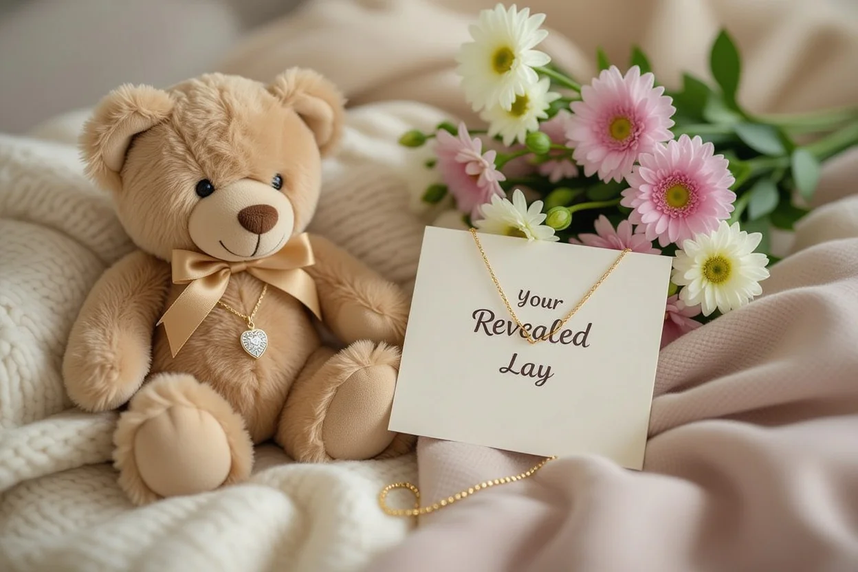 Romantic gift arrangement with teddy bear and hidden necklace - perfect for Valentine's Day and anniversary gifts