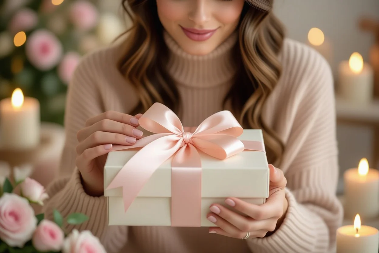 Woman unwrapping romantic gift with genuine surprise and joy - perfect gift moment