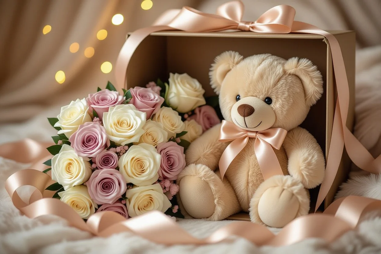 Luxury teddy bear romantic gift set with preserved roses and elegant presentation