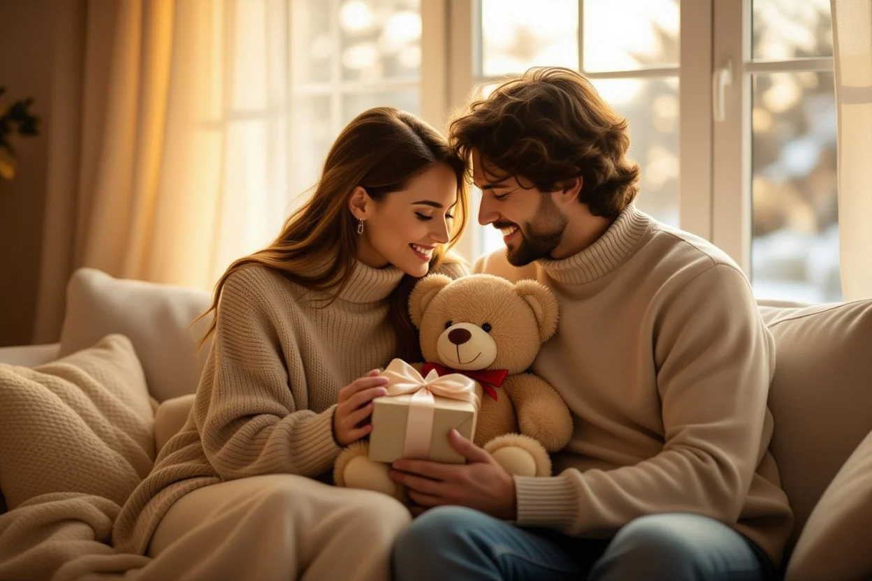 Romantic couple gift-giving moment with teddy bear - meaningful relationship gifts