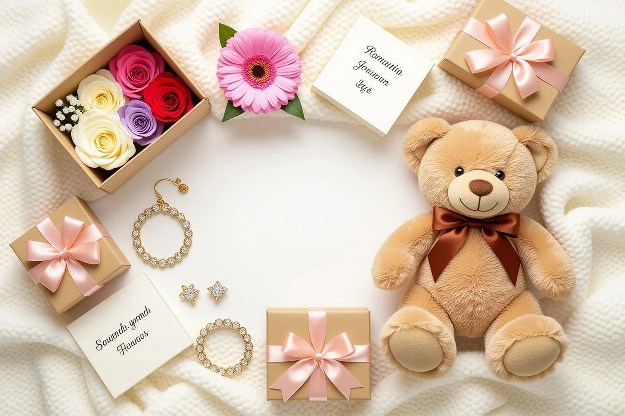 Romantic gifts for her flat lay featuring teddy bear and luxury gift ideas