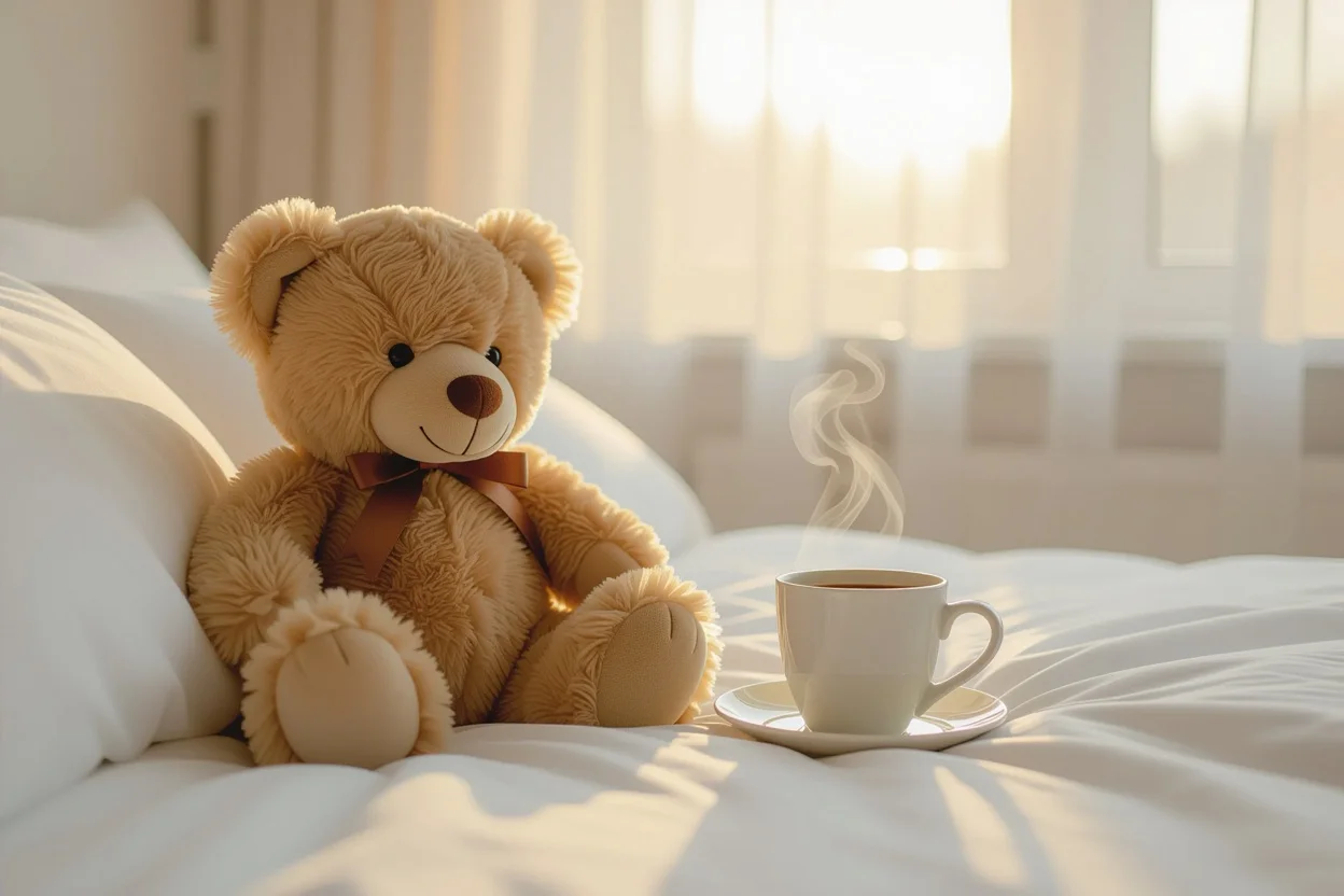Mountova teddy bear on bed with morning coffee creating daily comfort and joy
