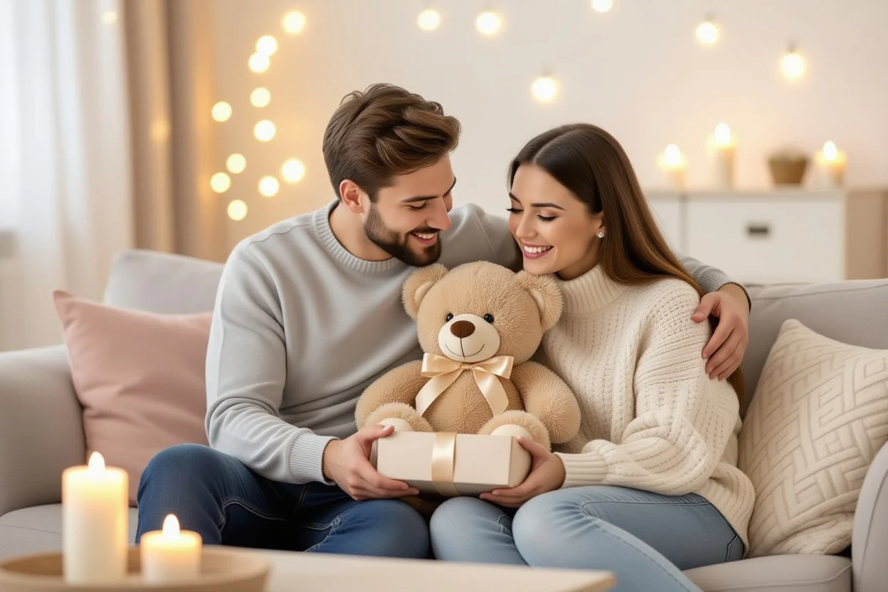 Romantic couple exchanging Mountova teddy bear gift in cozy living room setting
