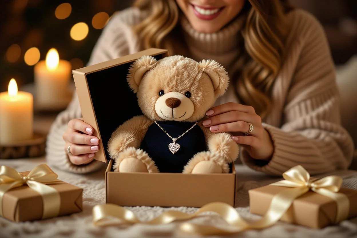 Surprise moment revealing hidden necklace inside romantic teddy bear gift