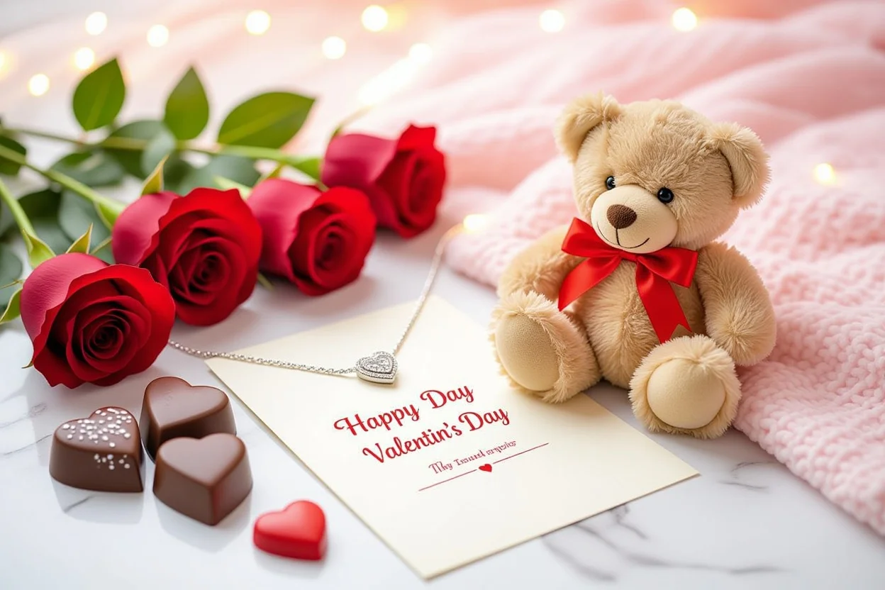Valentine's Day romantic gift set with teddy bear and hidden necklace surprise