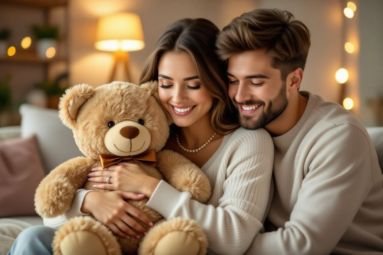 Couple sharing romantic moment with surprise teddy bear necklace gift for relationship healing