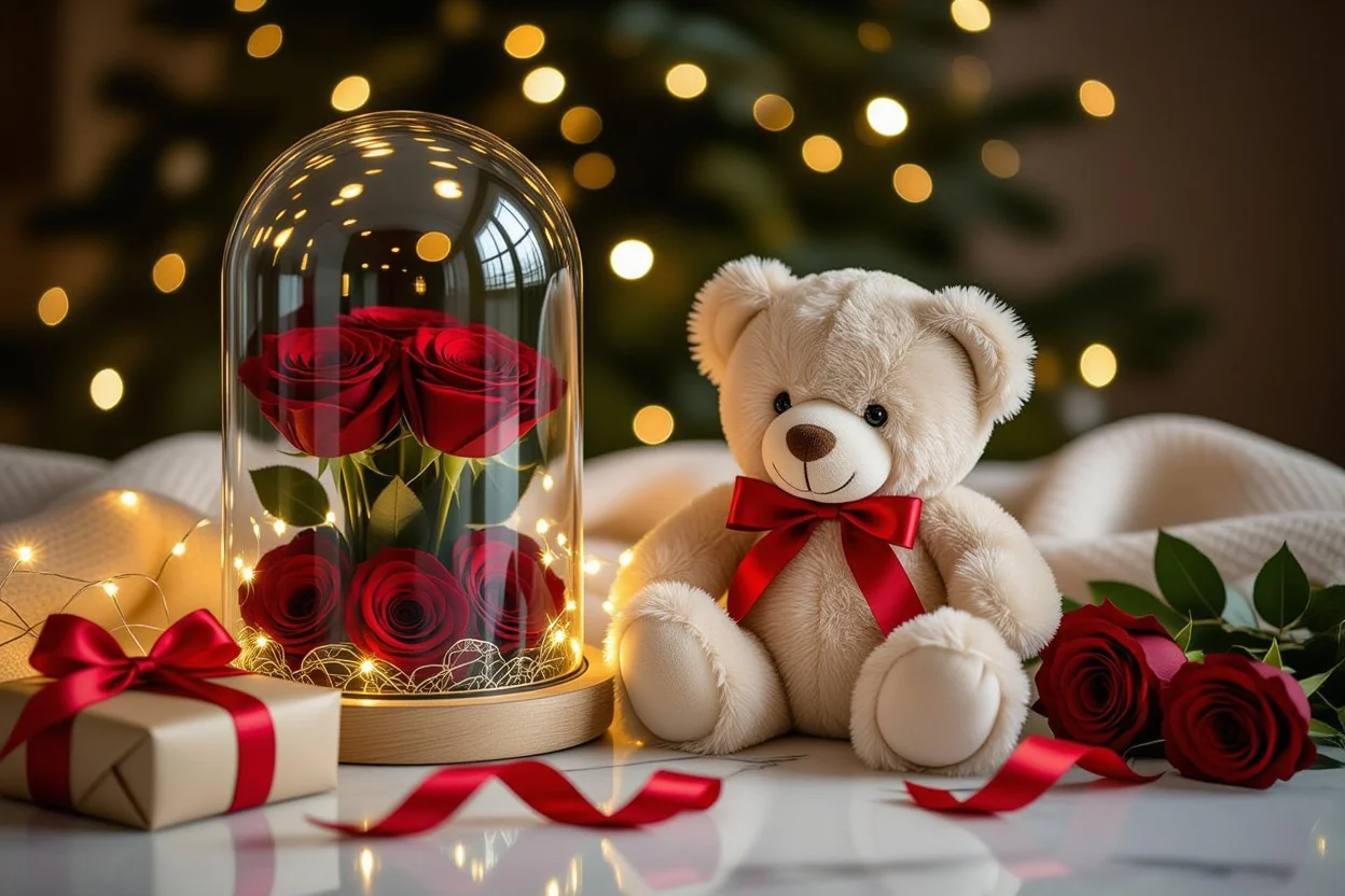 Romantic teddy bear gift with preserved roses and fairy lights for Valentine's Day