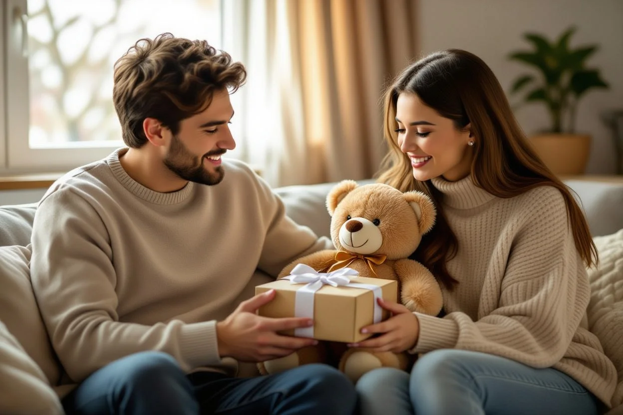 Couple sharing romantic moment with surprise teddy bear gift for relationship reconciliation