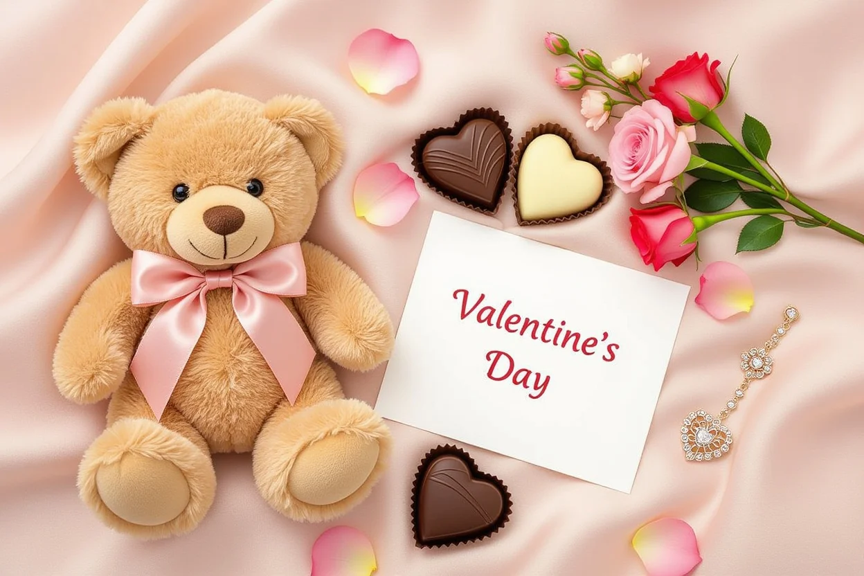 Luxury Valentine's Day gift collection with romantic teddy bear and accessories flat lay