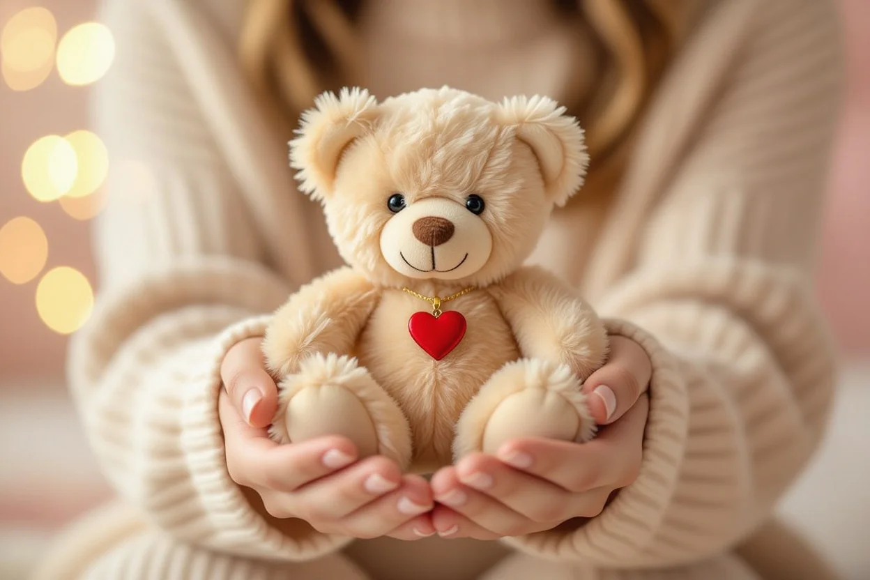 Hands gently holding romantic teddy bear gift with heart pendant and soft lighting