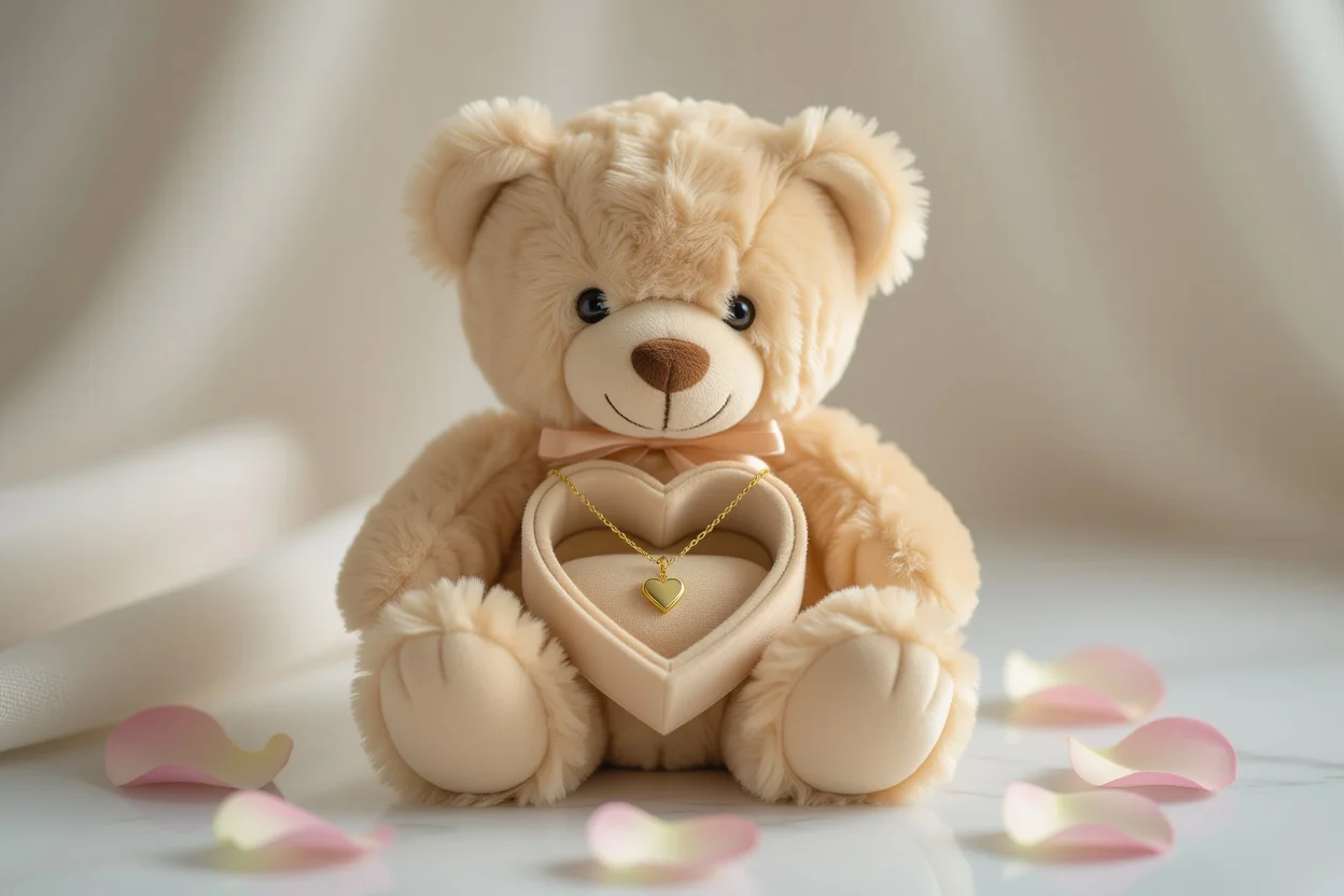 Teddy bear with hidden necklace compartment opened showing gold heart pendant surprise gift