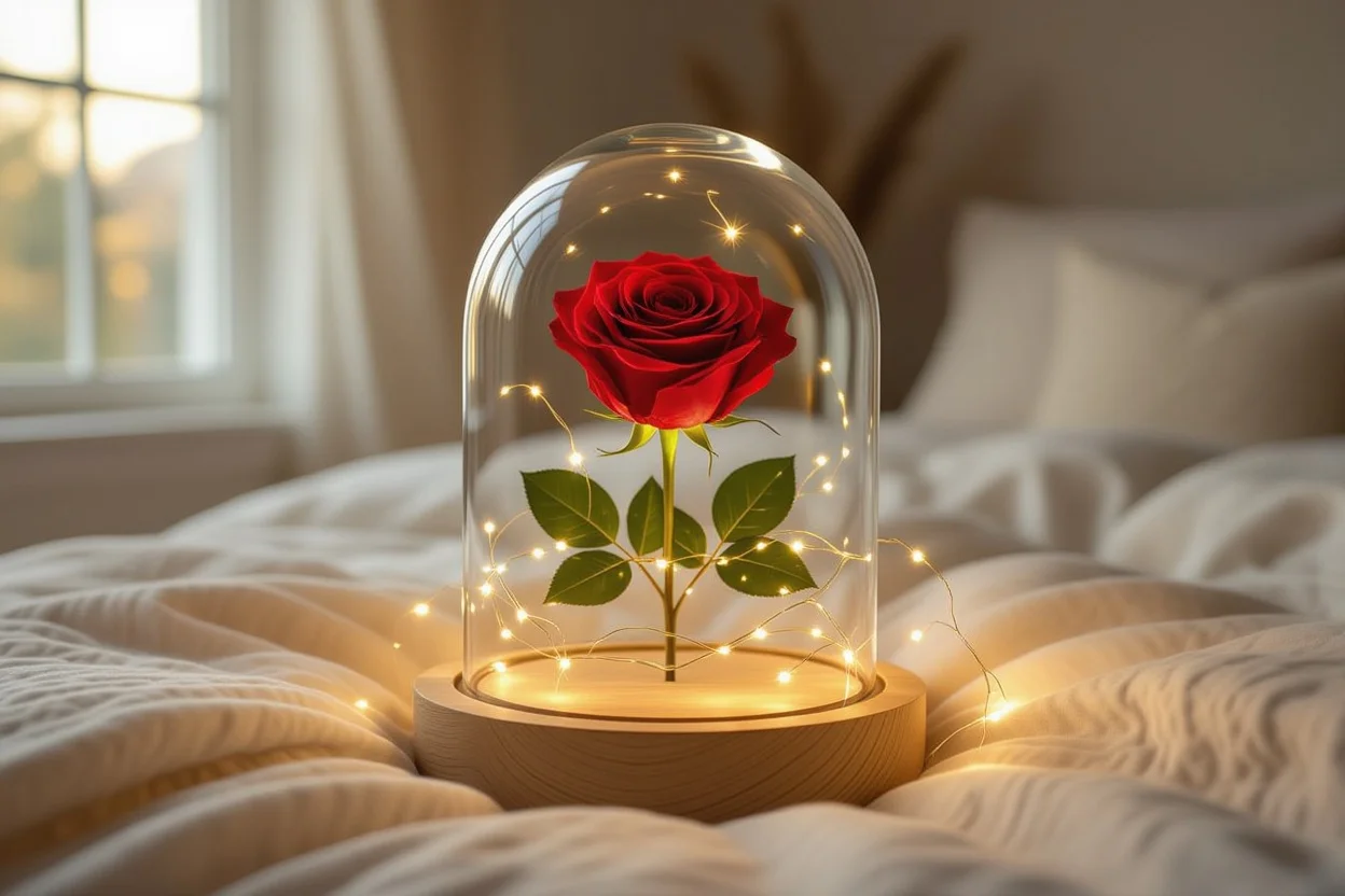 Preserved red rose in glass dome with fairy lights romantic bedroom setting