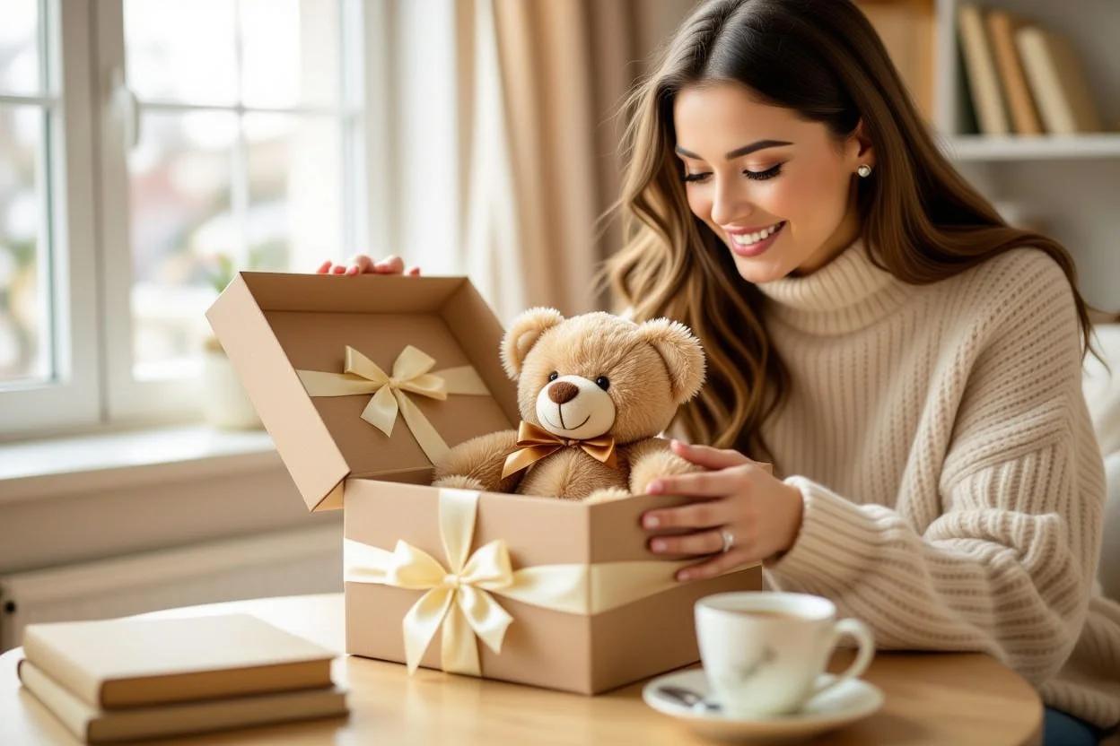 Woman opening surprise teddy bear gift box with delighted expression cozy home setting
