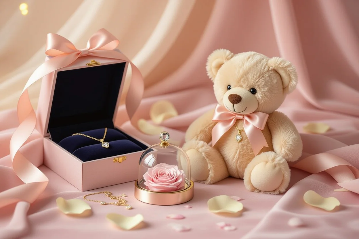 Complete romantic gift set flat lay with teddy bear necklace preserved rose elegant arrangement