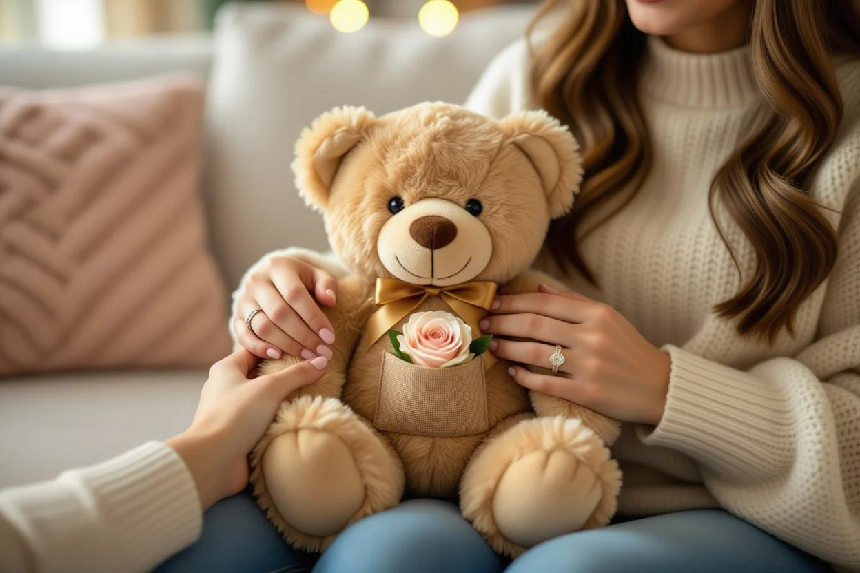 Couple discovering hidden surprise in teddy bear gift - everyday love gifts for long-term relationships