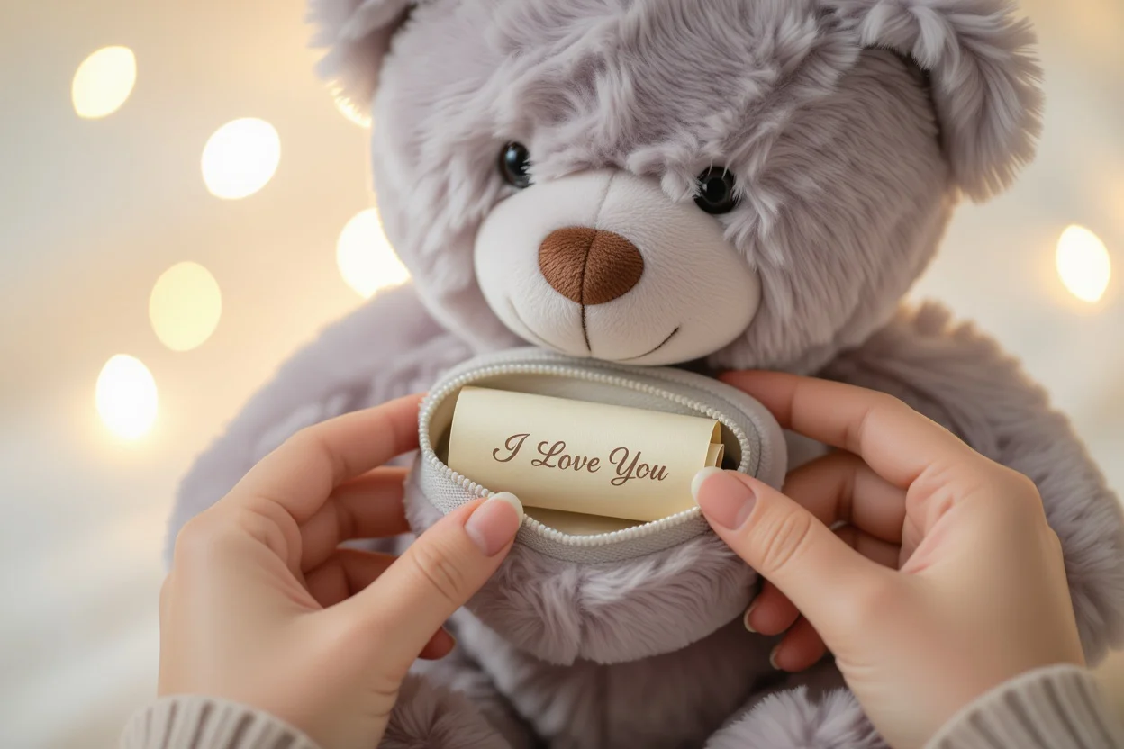 Close-up of hidden love message in teddy bear - meaningful romantic gifts with surprises
