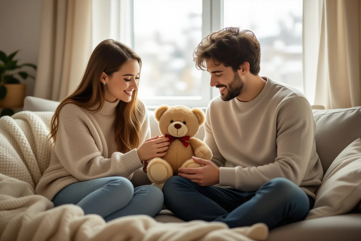 Couple sharing emotional moment with supportive teddy bear gift - relationship encouragement and love