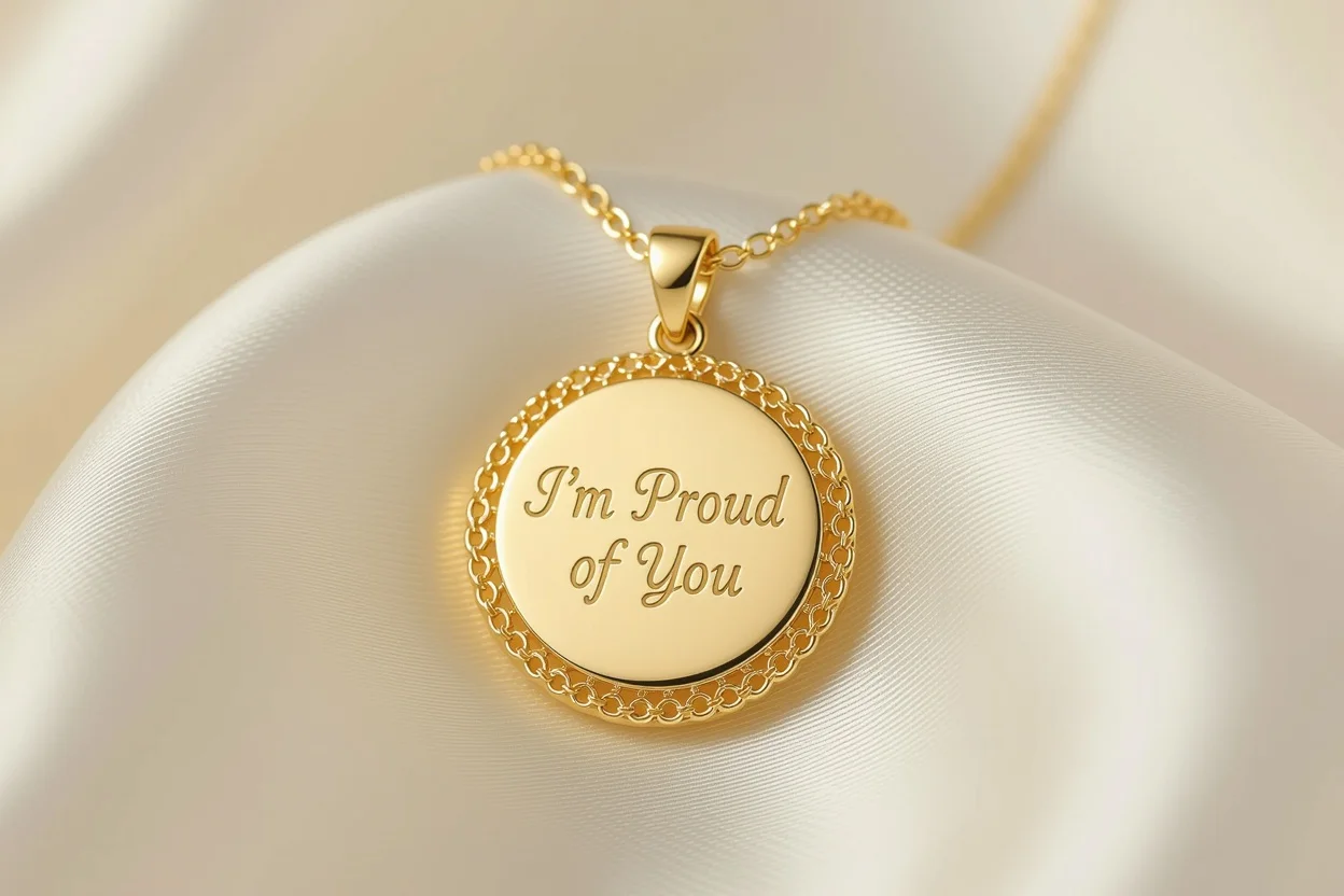 Close-up of I'm Proud of You necklace pendant - encouraging jewelry gift with meaningful message