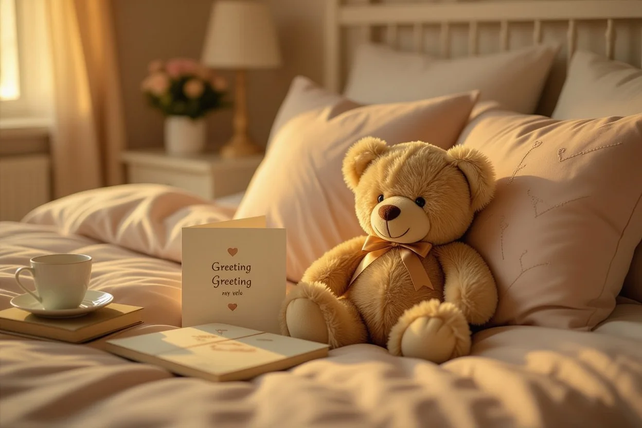 Peaceful bedroom scene with supportive teddy bear gift - comfort and encouragement during difficult times