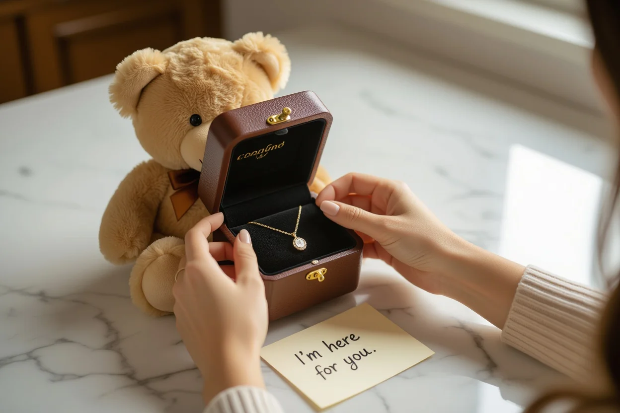Woman discovering surprise necklace hidden inside teddy bear gift