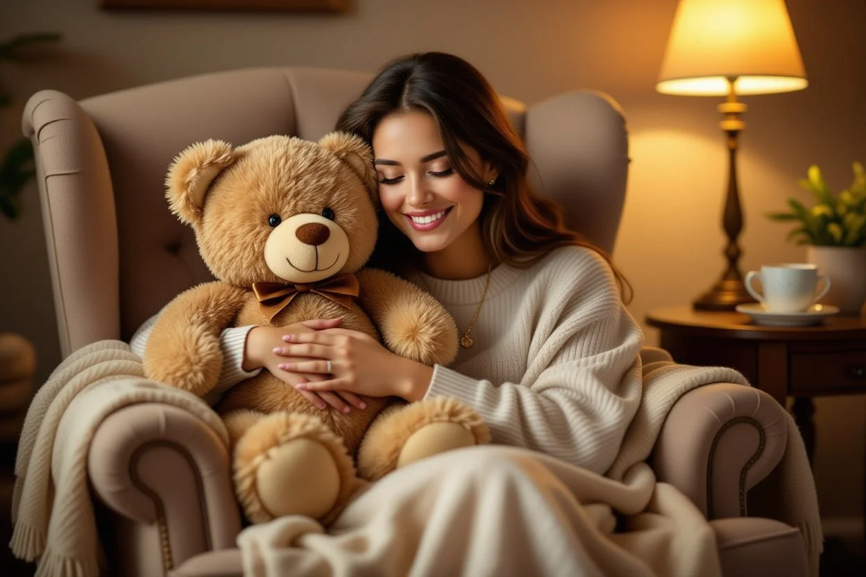Person finding comfort with teddy bear and surprise necklace gift