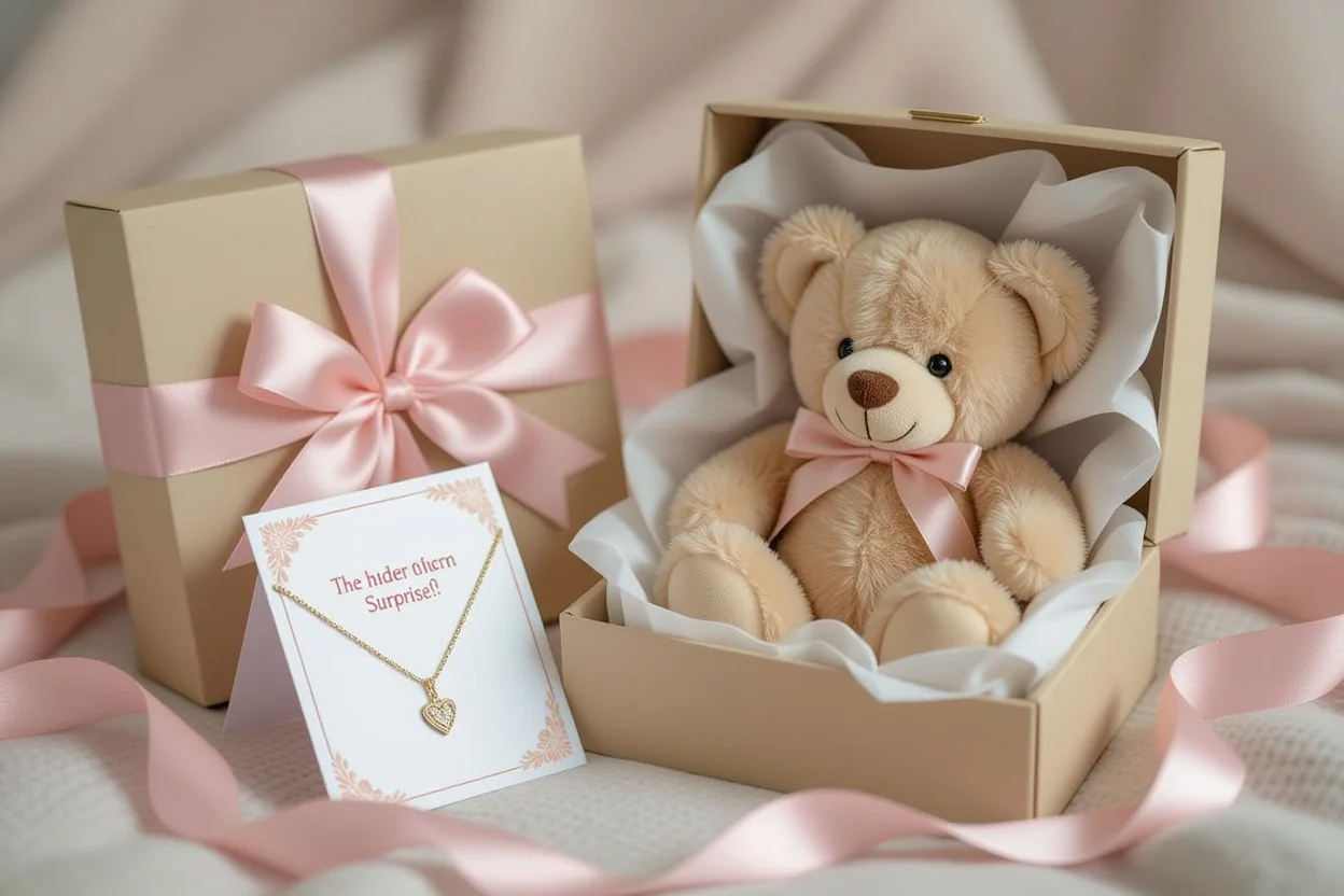Beautifully packaged teddy bear gift with hidden necklace surprise