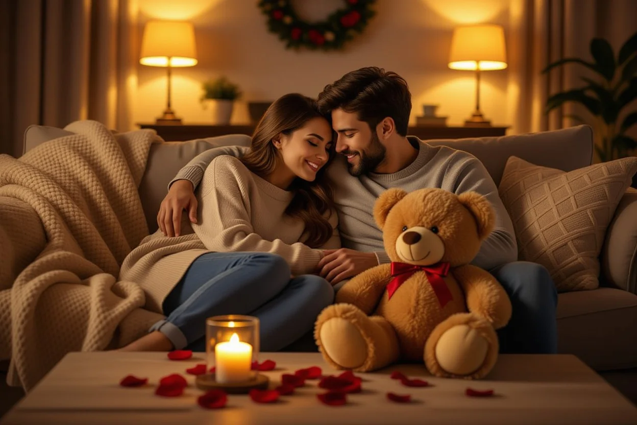 Couple enjoying cozy evening with romantic teddy bear gift on coffee table