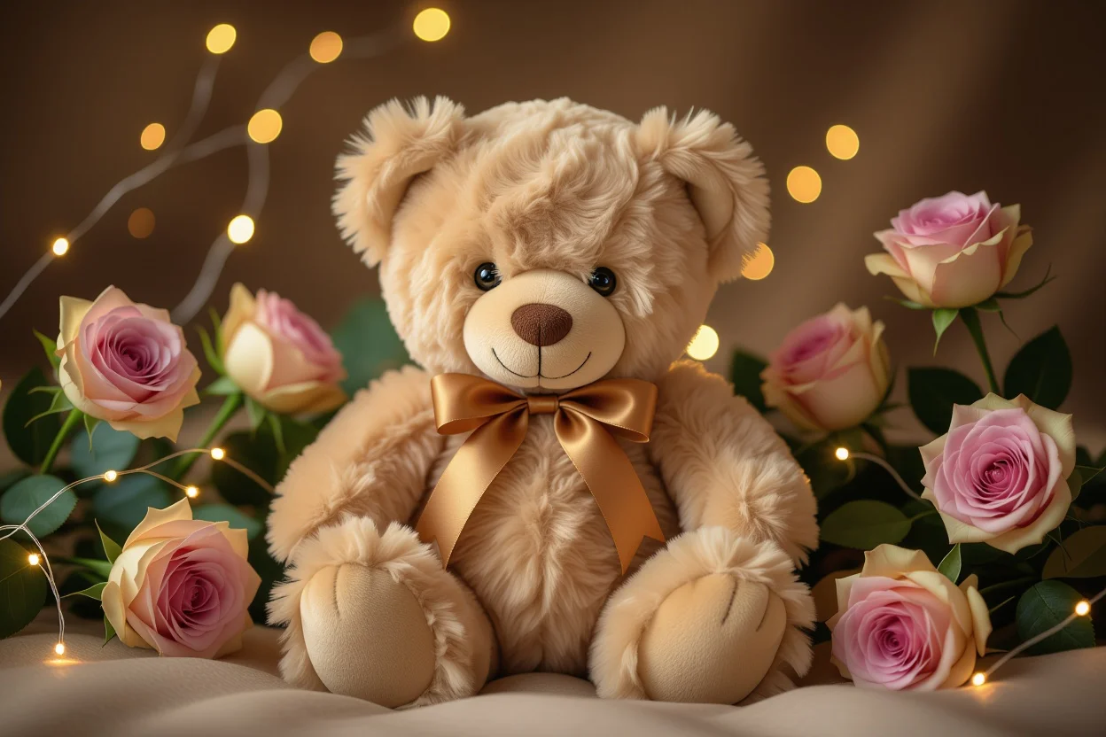 Mountova teddy bear romantic gift with preserved roses and fairy lights