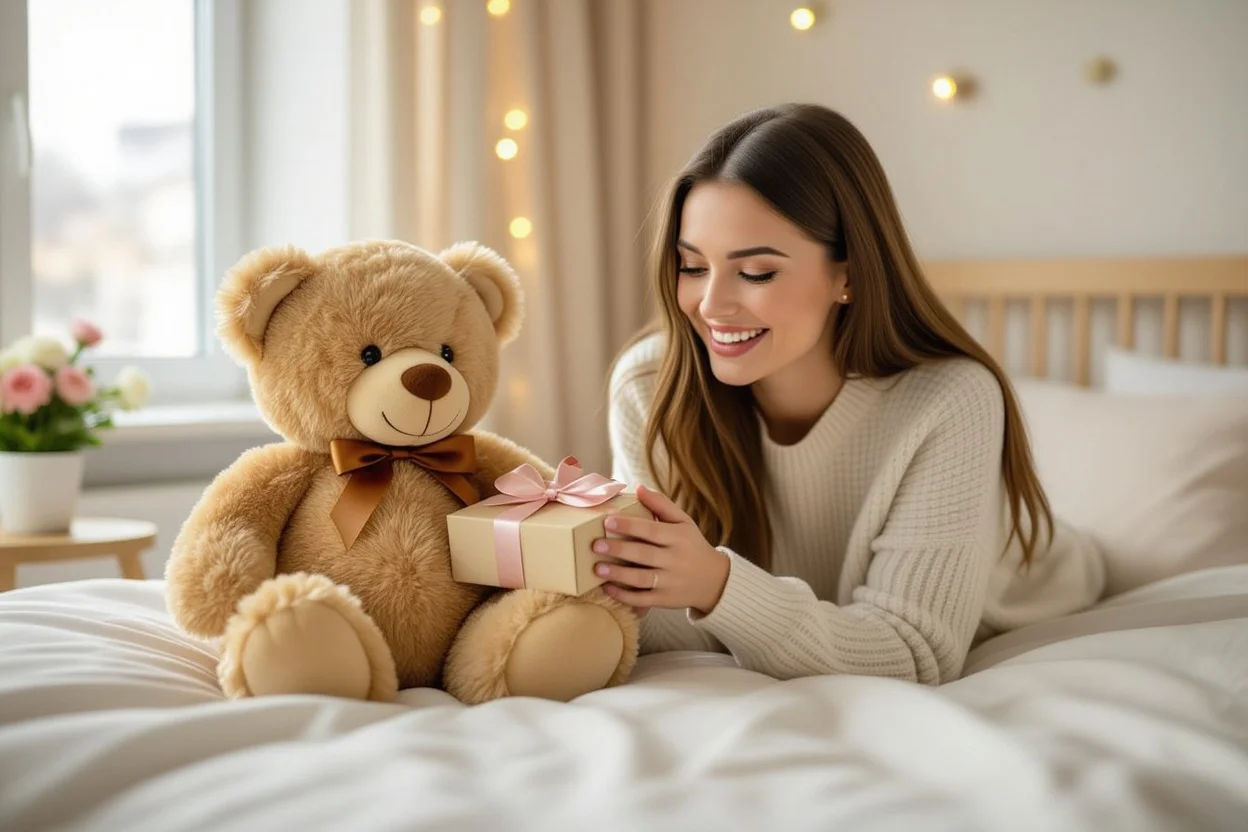 Romantic surprise teddy bear gift exchange between loving couple